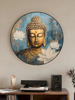 Art Street - Lord Buddha With Lotus Art, Metal Finish Round Pvc Golden Frame, Laminated
