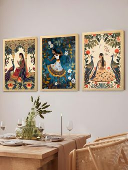 Art Street - Indian Madhubani Peacock Wall Art Print For Home Living Room (Set of 3)