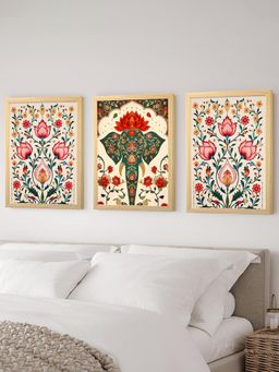 Art Street - Indian Floral Painting Wall Art Print For Home Living Room (Set of 3)
