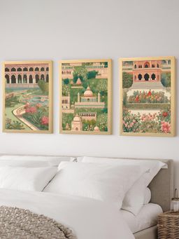 Art Street - Mughal Tomb Floral Garden Wall Art Print For Home (Set of 3)