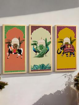 Art Street - Mughal Peacock With Animal Wall Art Print For Home (Set of 3)