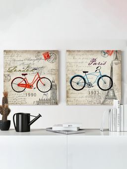 Art Street - Blue & Red Cycle Tour London Paris Theme Canvas Painting (Set of 2)