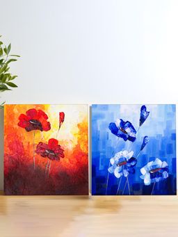 Art Street - Red & Blue Floral Print Stretched Canvas Painting Wall Art Print (Set Of 2)