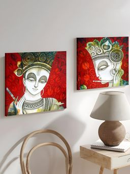 Art Street - Sri Krishna Theme In Red Background Canvas Painting (Set of 2)