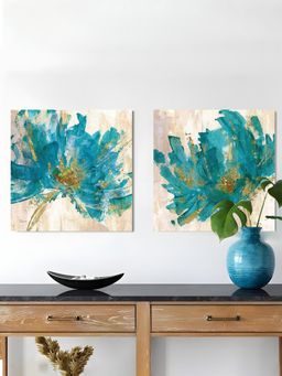 Art Street - Floral Canvas Painting For Wall With Frame, Blue Floral (Set of 2)