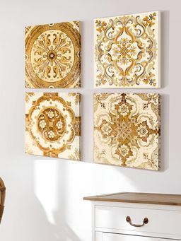 Art Street - Stretched Canvas Golden Moroccan Tiles Pattern Art Painting For Home Decor