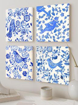 Art Street - Stretched Canvas Painting Blue Flowers And Birds Pattern Art For Home Decor