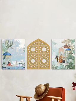 Art Street - Canvas Wall Art Painting, Traditional Mughal Garden & Peacock (Set of 3)