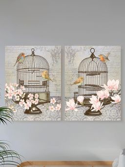 Art Street - Set Of 2 Floral Stretched Canvas Painting Bird Theme With Cage Print For Home