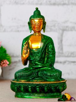 eCraftIndia - Golden and Green Meditating Blessing Buddha Brass Antique Artifact