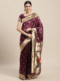 VAIRAGEE - Wine and Golden Ethnic Motifs Silk Saree with Unstitched Blouse