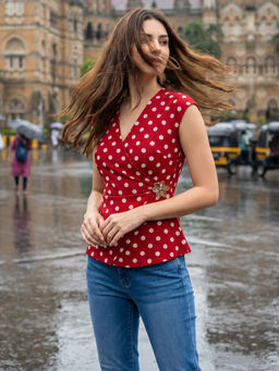 Uptownie - Red Stretchable Side Gathered Wrap Top
