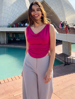 Uptownie - Stretchable Polyester V Neck Sleeveless Crop Top Magenta