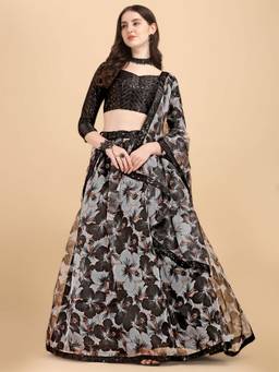 Amrutam Fab - Black & White Organza Printed and Sequined Embroidered Work Lehenga Choli (Set of 3)