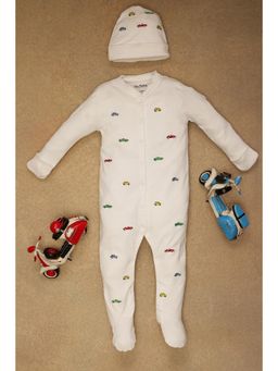 One Friday - Baby Boys Off White Solid Sleepsuit with Cap (Set of 2)
