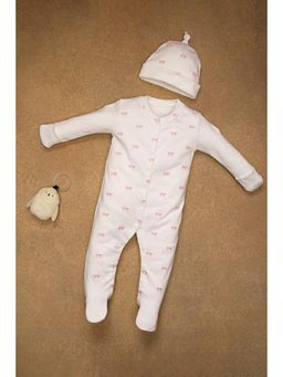 One Friday - Baby Girls Bow Embroidered White Sleepsuit with Cap (Set of 2)