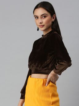 SHOWOFFFF - Women High Neck Full Sleeves Solid Brown Crop Top