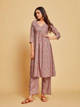 Anubhutee - Womens Purple Casual Printed Kurta with Pant (Set of 2)