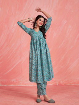 Anubhutee - Womens Blue Casual Printed Kurta with Pant (Set of 2)