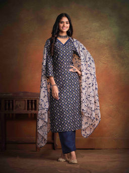 Anubhutee - Womens Navy Blue Casual Printed Kurta with Dupatta and Trousers (Set of 3)