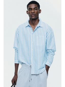 H&M - Men Blue Relaxed Fit Linen-Blend Shirt