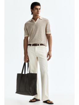 H&M - Men Beige Regular Fit Linen-Blend Polo T-Shirt