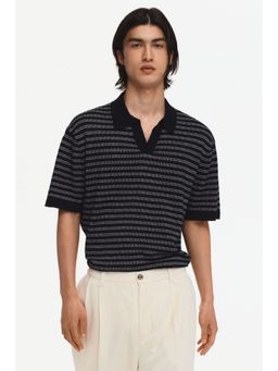 H&M - Men Black Regular Fit Linen-Blend Polo T-Shirt