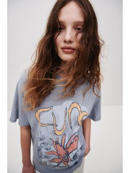 H&M - Women Blue Oversized Print-Motif T-Shirt