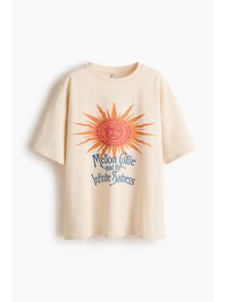 H&M - Women Beige Oversized Print-Motif T-Shirt