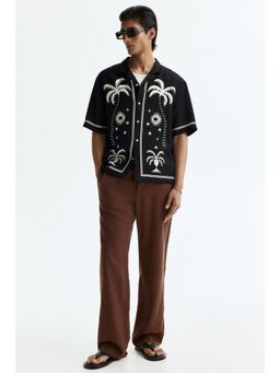 H&M - Men Brown Relaxed Fit Linen-Blend Trousers