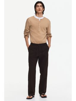 H&M - Men Brown Regular Fit Linen-Blend Trousers