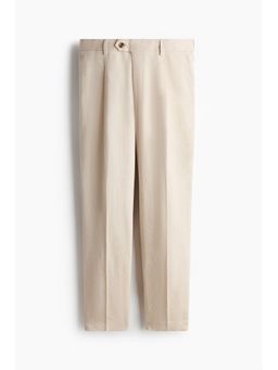 H&M - Men Beige Regular Fit Tailored Linen-Blend Trousers