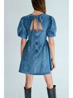 H&M - Women Blue Flared-Skirt Denim Dress