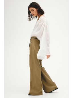 H&M - Women Green Linen-Blend Bootcut Trousers