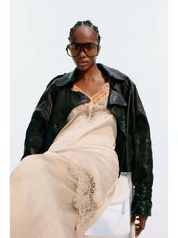 H&M - Women Beige Lace-Trimmed Satin Dress