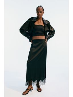 H&M - Women Black Lace-Trimmed Satin Skirt