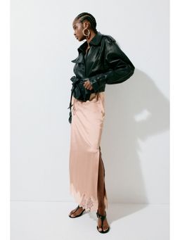 H&M - Women Beige Lace-Trimmed Satin Skirt