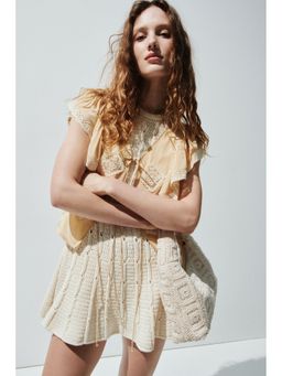 H&M - Women Beige Lace-Trimmed Flounced Blouse