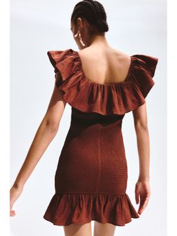 H&M - Women Brown Flounced Off-The-Shoulder Dress