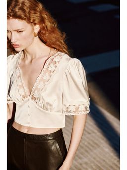 H&M - Women White Cropped Lace-Trimmed Top