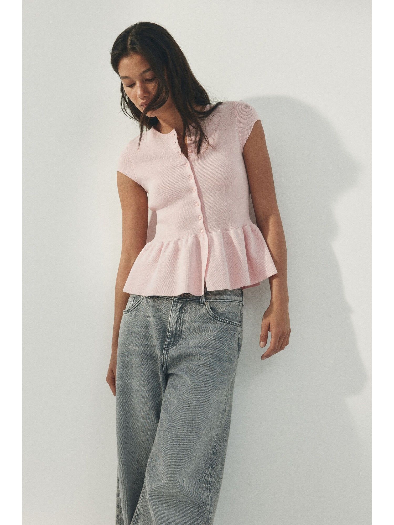Buy H&M Women Pink Short-Sleeved Peplum Cardigan (XXS) Online