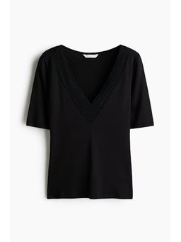 H&M - Women Black Ribbed V-Neck Top