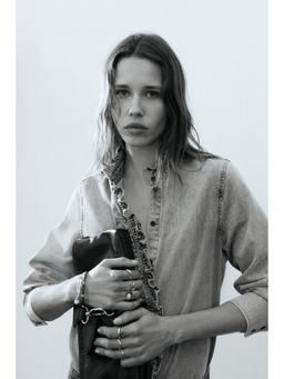 H&M - Women Blue Frill-Trimmed Denim Shirt