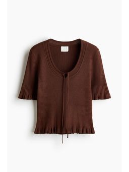H&M - Women Brown Frill-Trimmed Rib-Knit Top