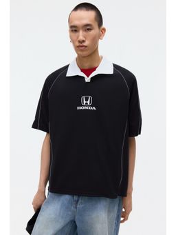 H&M - Men Black Oversized Fit Printed Football Polo T-Shirt