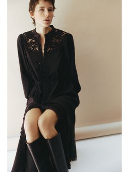 H&M - Women Brown Lace-Detail Cotton Dress