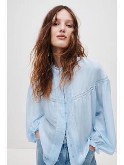 H&M - Women Blue Frill-Trimmed Balloon-Sleeved Blouse