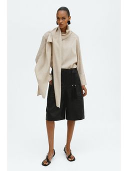 H&M - Women Beige Linen-Blend Scarf-Collar Blouse