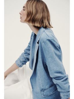 H&M - Women Blue Gathered-Sleeve Denim Blazer