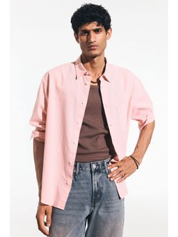 H&M - Men Pink Relaxed Fit Linen-Blend Shirt